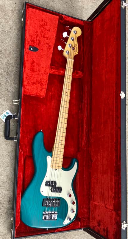 1998 Fender Deluxe American Series Precision Teal Green Transparent Premium Ash body and OHSC image 1
