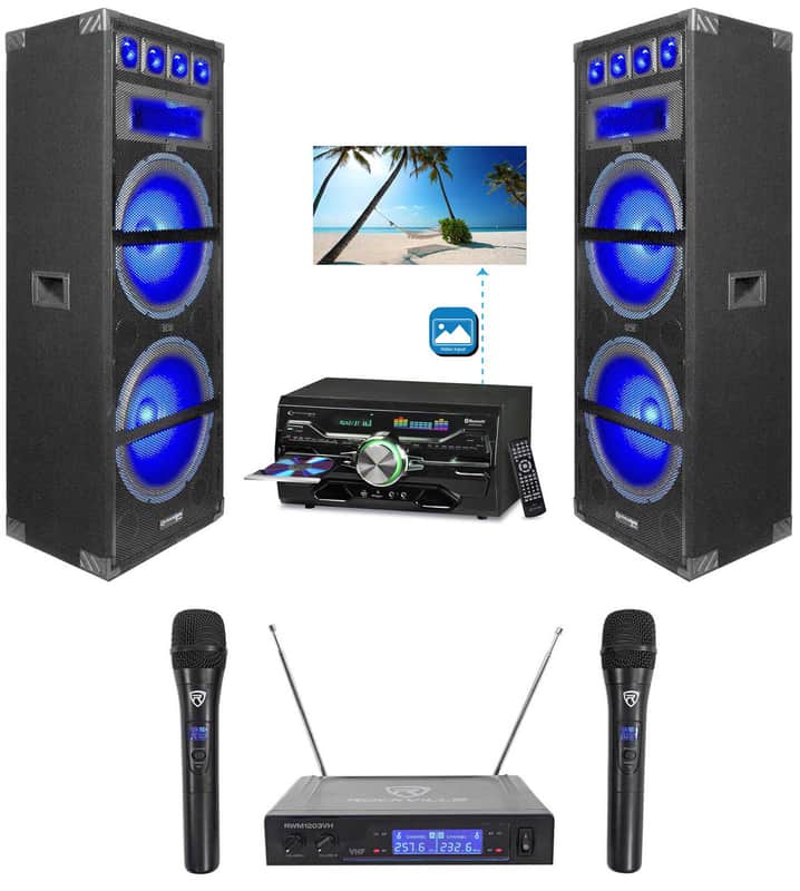 (2) Technical Pro Dual 15" 1800w LED Karaoke Speakers+Receiver+(2) Wireless Mics image 1