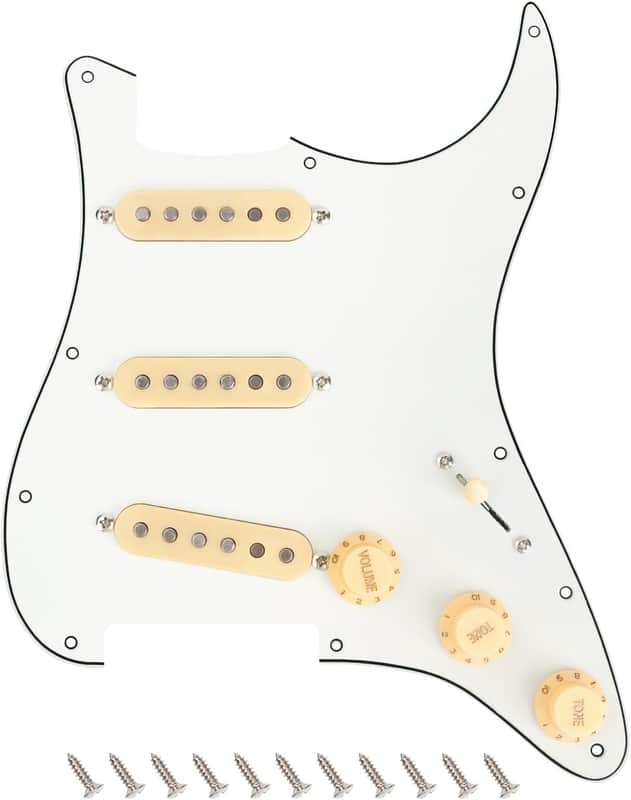 3Ply Loaded SSS Pickguard Vintage F '60s Tones Prewired Strat Pickguard with Staggered Alnico 5 SSS Single Coil Pickups for Fender Stratocaster Style Electric Guitars JT/HBZC-01 Vintage White image 1