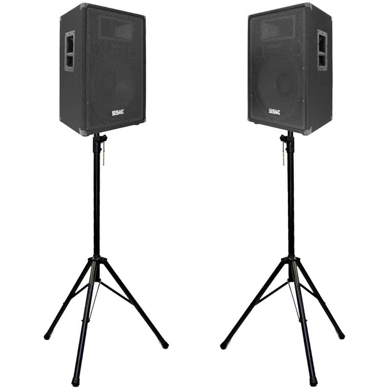 Pair of Premium 15" PA Speakers with two tripod speaker stands - PA/DJ Package image 1