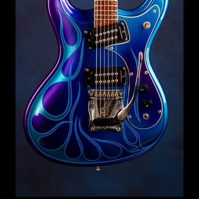 Mosrite [Vibramute Model] specially built for Mick Mars of Mötley Crüe by Semie Mosely 1991 Metallic blue/purple with flame pinstriping image 2