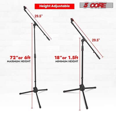 5 Core Mic Stand Floor Pair Universal 72" Height Adjustable Tripod Microphone Stands w Boom Arm image 3