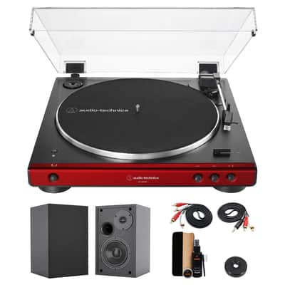 Audio-Technica AT-LP60XBT Fully Automatic Bluetooth Belt-Drive Stereo Turntable (Red & Black) with 45 rpm Adapter, 4 Inch Bookshelf Speakers (Pair) and Waith Record Cleaning Kit (Essential Bundle Set) image 1