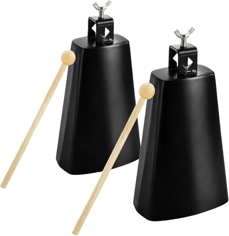 2 Pack Metal Steel Cow Bells, 7 Inch Cowbell Noise Makers with Handle Stick, Hand Percussion Music Cowbell for Drumset Cheering Wedding Football Sport Games Christmas image 1