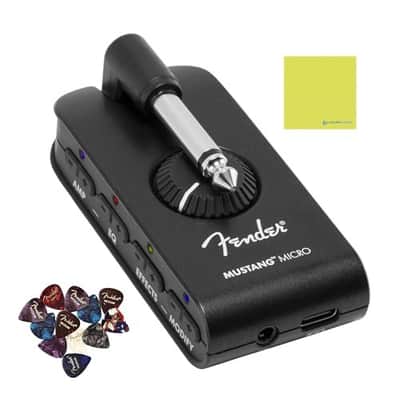 Liquid Audio Fender MustangĀ® Micro Headphone Amplifier, Black - 2311300000 Bundle w/ 12-Pack Guitar Pick Polishing Cloth image 1