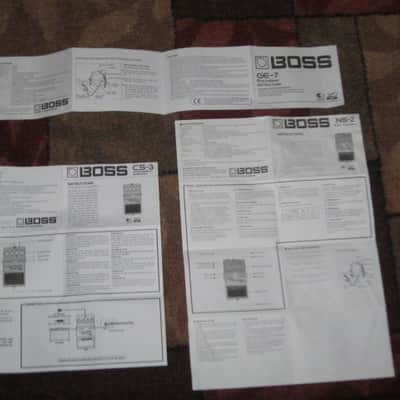 Boss original INSTRUCTIONS for GE-7, CS-3, and NS-2 (NO pedals, NO boxes, NO other items) 2010s (copyright years, 2010, 2015, and 2016) - white matte paper - black print, black graphic image 2