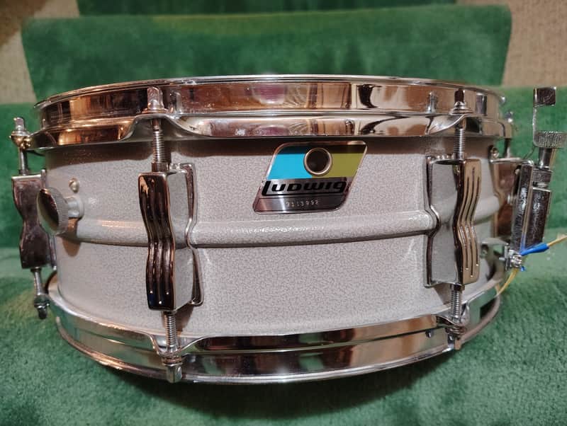 Ludwig L-404 Acrolite 5x14" 8-Lug Aluminum Snare Drum with Rounded Blue/Olive Badge 1979 - 1993 - Gray "Orange Peel" image 1