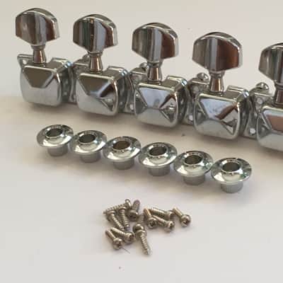 6 Complete Vintage Inline Electric Guitar Mounted Casing Gear Tuners + Bushings image 3