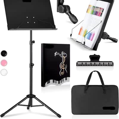 5 in 1 Dual-use Sheet Music Stand & Desktop Book Stand Metal Portable Solid Back Height Adjustable from 31.4-57in with Book Stand Support, Carrying Bag, Sheet Music Folder and Clip image 1