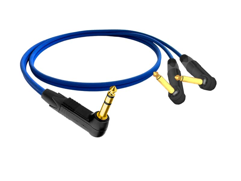 Single Channel Insert w/ Sommer & Neutrik Gold 90�� 1/4 TRS to Dual 90�� 1/4" TS | Instrument Cable for Guitar/Bass Made with Sommer | Blue | 9 Feet image 1