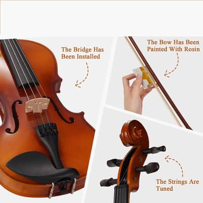 Violin 4/4 Full Size Kit, Violin Fiddle Set for Beginner Adults with Rosewood Bow, Extra Strings & Bridge, 2 Rosins, Tuner, Case, Mute, Fingerboard Stickers, Shoulder Rest image 3
