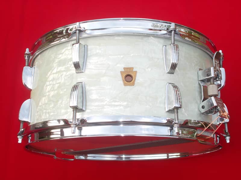 Vintage 1957 Ludwig WFL 6.5x14 White Marine Pearl Snare Drum image 1