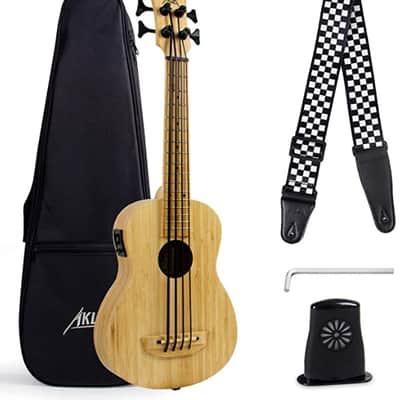 AKLOT Acoustic-Electric Bass Ukulele bamboo with soft case, humidifier, strap and tuning key image 2