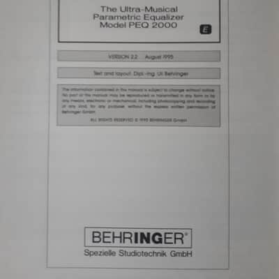 Behringer Ultra-Q The Ultra Musical Parametic Equaliser PEQ2000 Manual version 2.2 1995 image 4