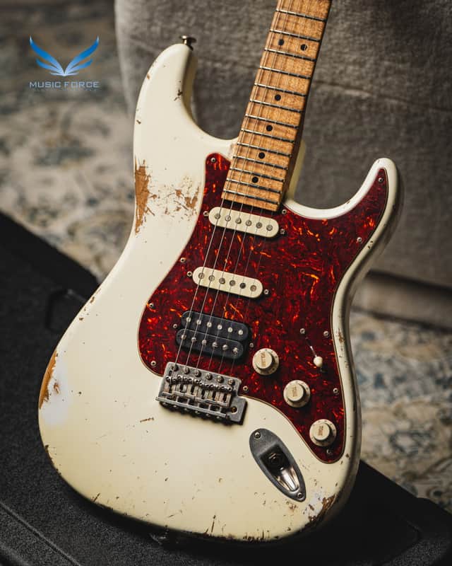 Luxxtone Choppa S Heavy Aging HSS-Vintage White w/Tortoise Pickguard & 1-Piece Roasted Flame Maple Neck image 1