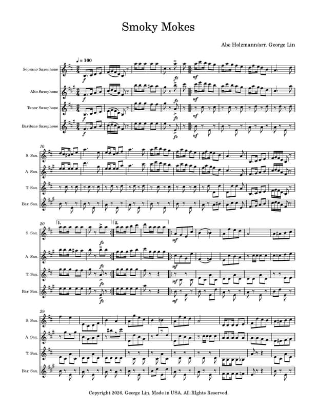 Saxophone Sheet Music - Smokey Mokes (Abe Holzmann). Arranged for saxophone quartet. Full Score and Parts. image 1