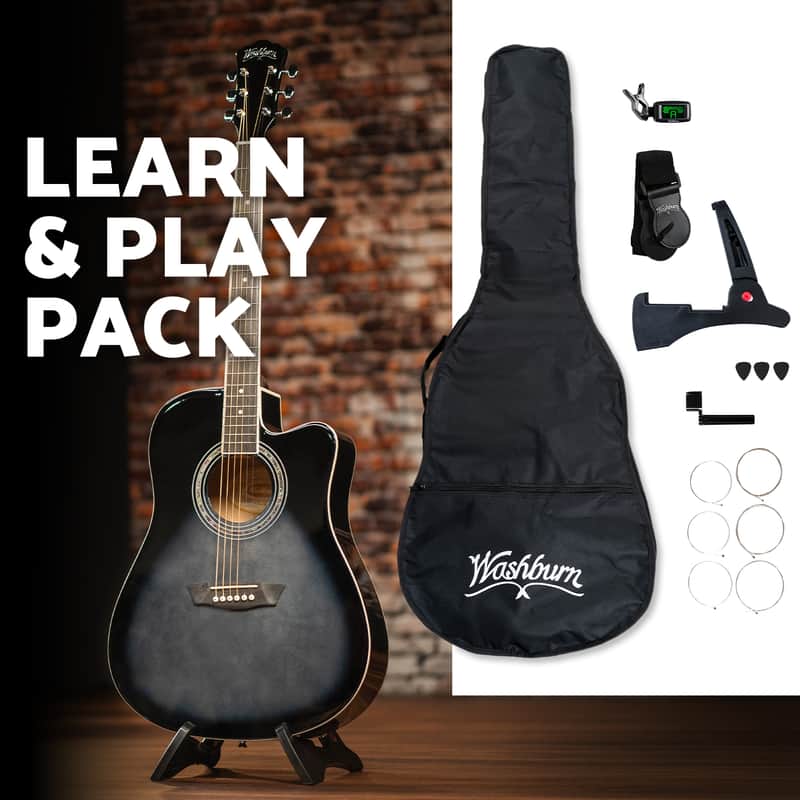 Washburn WA90CETBBPACK Learn & Play Pack Acoustic Electric Guitar Bundle w/Gig Bag, Tuner, Strap, Picks, Extra Set of Strings, String Winder, Folding Stand, 4 Months of Online Lessons image 1