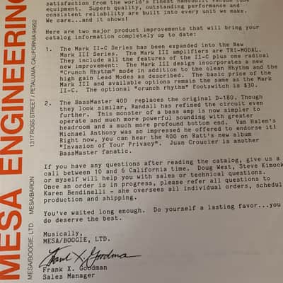 Mesa Boogie Mk II-B Schematic and Letter to Dealer 80’s image 4