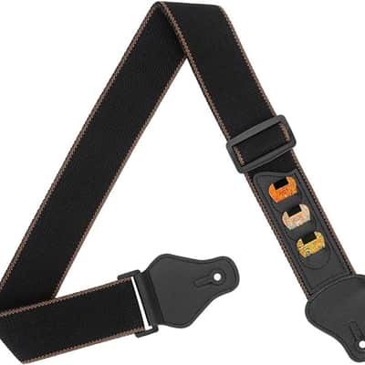 Guitar Strap, 100% Soft Cotton Guitar Straps With 3 Pick Holders For Bass, Electric & Acoustic Guitar (Black) image 1