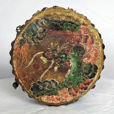 Antique Chinese Hand Painted Dragon & Phoenix Tack Drum Double Sided Percussion image 8