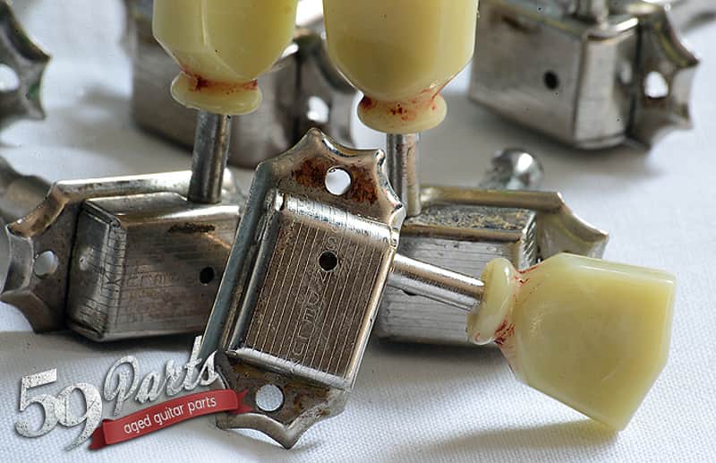 Set of 6 hand aged KLUSON Deluxe tuners, w/bushings and screws, nickel, relic, Les Paul | 59 Parts image 1