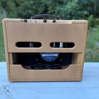 Victoria Royal-on order-Dark Nitro Lacquered Tweed-Oxblood & Gold Stripe Grill Cloth-Custom Order 5 watts 6v6 (15 watts using 6l6) 1x10 or 1x12 with tone control-5F1 Champ style amp in a 5E3 Deluxe sized cabinet-Also Available in Head only option image 2