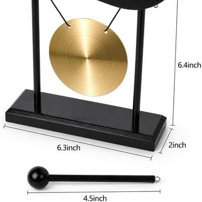 Mini Gong with Wood Stand and Mallet, Feng Shui Desktop Decor, 6.4 in | Brass Gong with Bright, High Pitched Ring, Decorative Sound Cue for Offices, Meditation Spaces, and Gatherings image 2