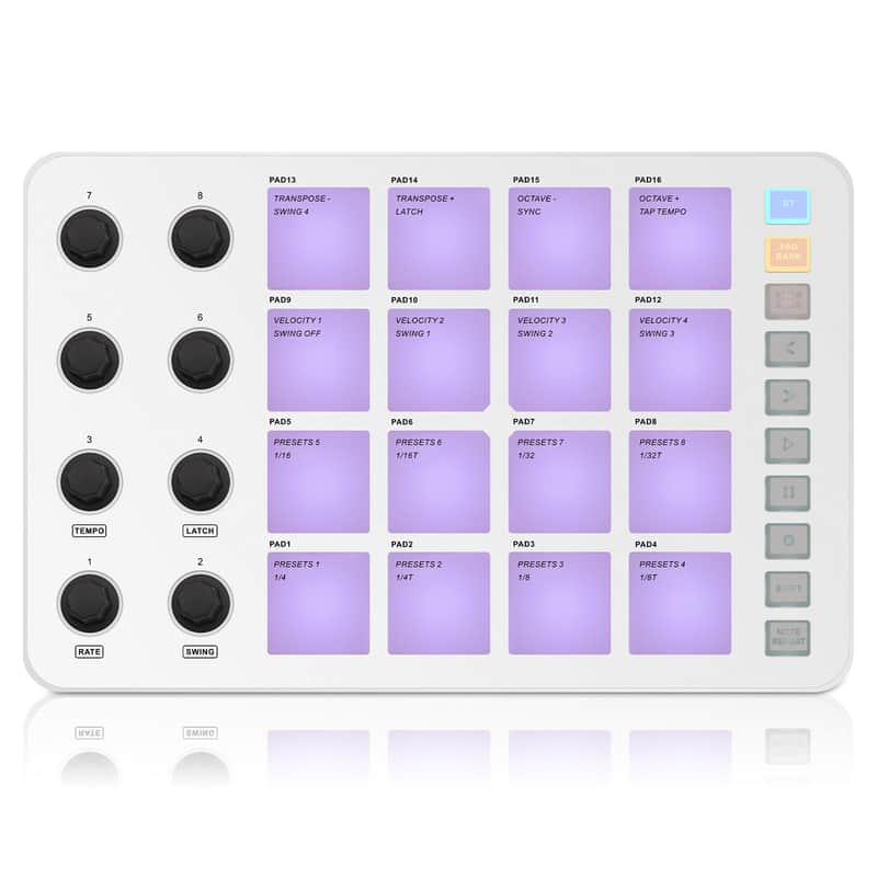Wireless MIDI Controller Pads, Bluetooth Portable USB MIDI Controller with 16 Drum Pads, 8 Assignable Knobs, Note Repeat, Full Level Buttons, Rechargeable battery (White Pad) imagen 1