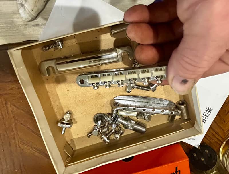 Vintage Gibson Bridge and hardware set up with stop bar and everything you see in the box 1960’s - Nickel image 1