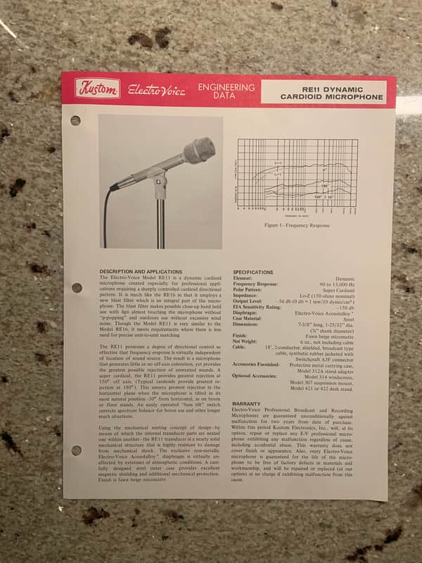 Vintage 1970s Kustom Electro Voice RE11 Dynamic Cardioid Microphone Spec Sheet! image 1