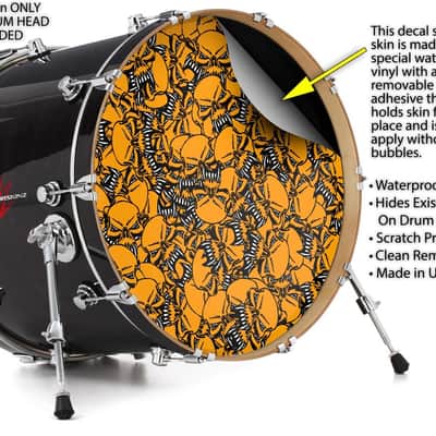Skin Decal fits 24" Bass Kick Drums Scattered Skulls Orange image 2