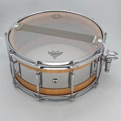 Used Acoutin Stave Beech/Stainless Snare Drum 6.5x14 - Good image 5