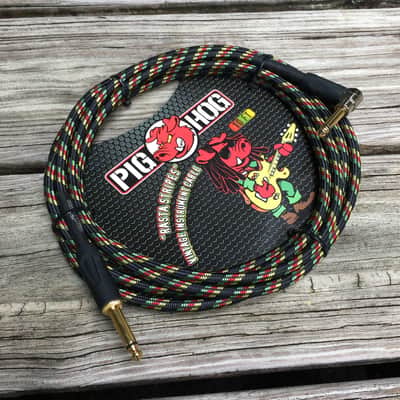 Pig Hog "Rasta Stripes" Woven Vintage Instrument Cable - 10 FT Right Angle (PCH10RAR), Reggae image 1