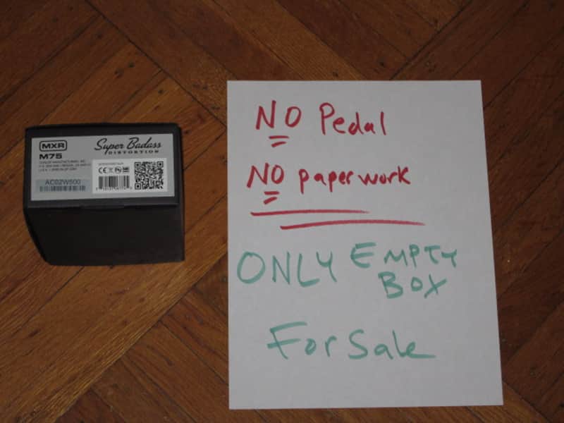 lightly handled - some imperfections MXR EMPTY BOX ONLY for M75 Super Badass Distortion (NO pedal / NO paperwork) specifically from 2015 (2010s - 2020s) - BOX: Black Cardboard / LABEL: Light Gray & Black/ GRAPHIC: Silver image 1