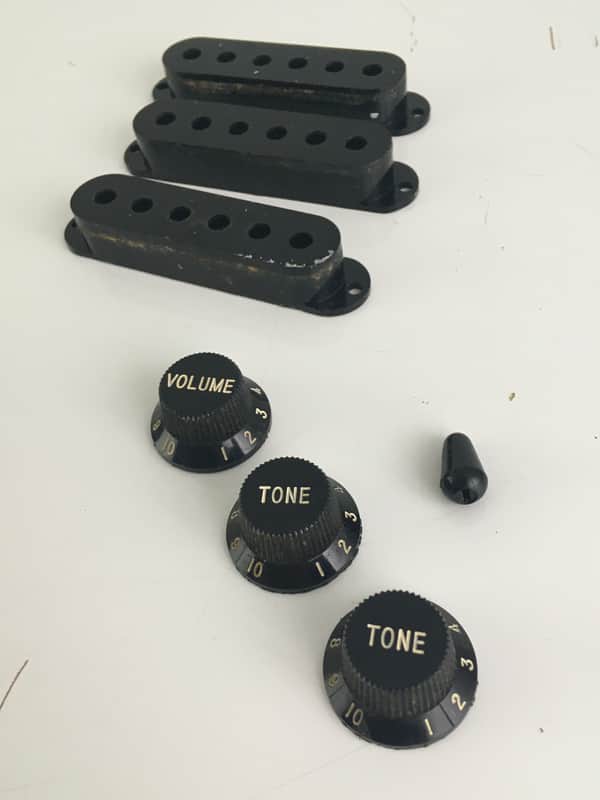 Genuine Fender Japan USA Strat MIJ 80s Stratocaster Knobs Pickup Covers Guitar Relic Black image 1
