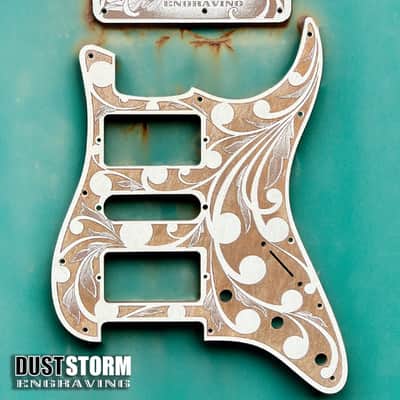 Engraved Cherry Wood Pickguard & Free Tremolo Cover Design #2 for Fender Stratocaster SSS, HSS, HSH Setups Available image 2