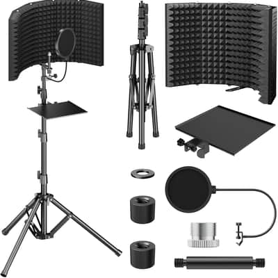 Isolation Shield Pack for Mic, Acoustic Foam Shield with Pop Filter & Tripod Stand, Foldable Design, Suitable for Recording, Podcasts, Singing, Broadcast, Max 178 cm/70inch image 1