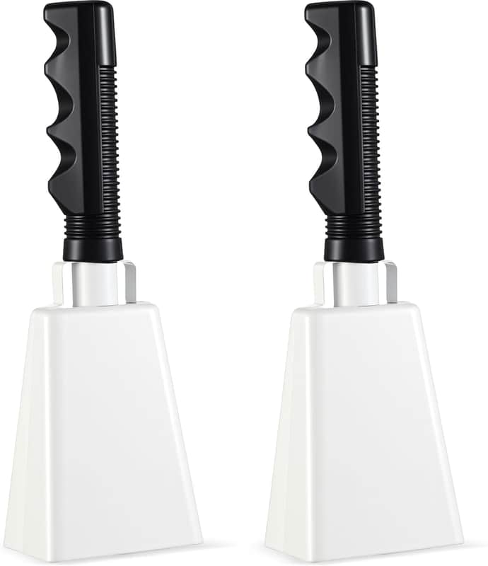 2 Pcs Cowbell 9 Inch with Handle Cheering Bells Noise Makers for Sporting Events Graduation Wedding Football Games Party Farm Bells Hand Chimes Percussion Musical Instruments(White) image 1