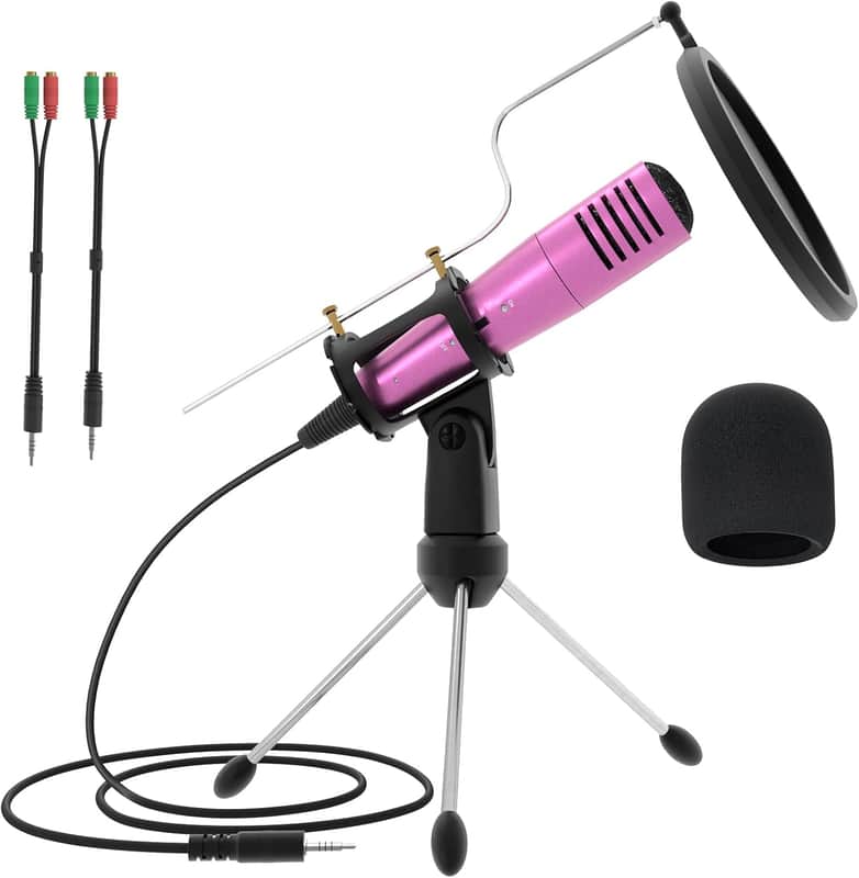 Microphone,Condenser Broadcast Mic 3.5mm Recording Microphone Plug and Play w/Tripod Stand Pop Filter for Podcast Gaming Singing YouTube for PC Laptop Desktop (Pink) image 1