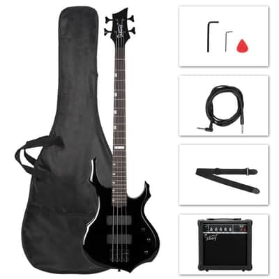 Full Size Glarry 4 String Burning Fire enclosed H-H Pickup Electric Bass Guitar with 20W Amplifier/ Bag/ Black image 4