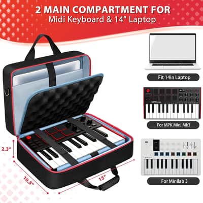 MIDI Keyboard Case for AKAI MPK MINI MK3, Carrying Case for Arturia MiniLab 3 with 14“ Laptop Compartment, Soft Padded MIDI Controller Keyboard Bag with Handle & Shoulder Strap image 2