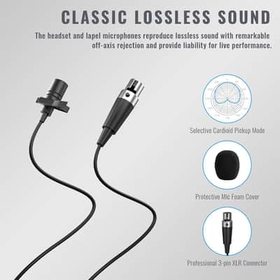 UHF Wireless Microphone System w/ 2x30 Tunable Frequencies, Metal Cordless Mic Set, 200 ft Range, 2 Bodypacks & Headsets/Lapel Mics for Speaking, Singing, Church, DJ image 3