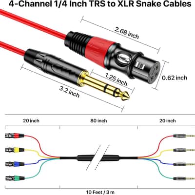 4 Channel XLR Female to 1/4 Inch TRS Snake Cables, Balanced XLR Microphone Cable to 6.35mm Jack Lead, 10 Feet 1Pack image 2