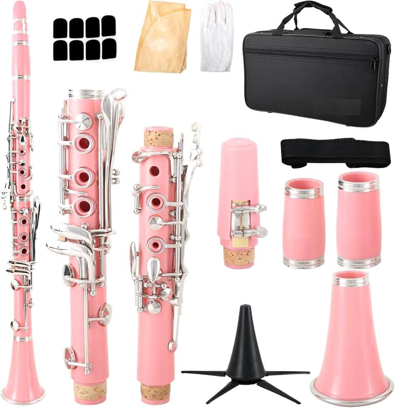 Bb Clarinet For Beginners Students B Flat Clarinet 17 Keys Clarinet with Case Stand Strap 2 Barrels 8 Mouthpiece Cushion White Gloves(Pink) image 1