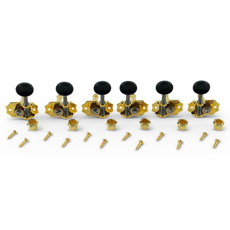 Kluson 3 Per Side Prestige Series Vintage Vertical Mount Open Bronze Gear Tuning Machines Gold With Black Plastic Buttons image 1