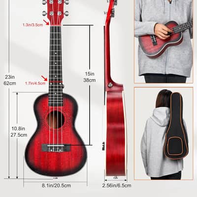 Ukulele for Beginners, 23 Inch Ukulele Kit Mahogany Bundle Concert Ukulele Professional Hawaiian Starter Uke Kit with Gig Bag, Red image 2