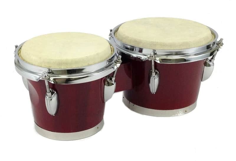 Zension 7" and 8" BONGO DRUMS - Latin Percussion Bongos Set Cowhide Tuning Key RED Wood image 1