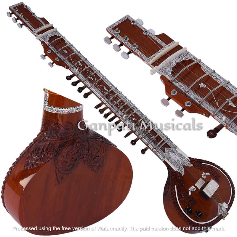 SITAR~RAVI SHANKAR STYLE~7 STRINGS~DESIGNER TUN WOOD~PICKUP TO CONNECT WITH AMPLIFIER~FLAT~WITH GIG BAG, MIZRABS & STRINGS image 1