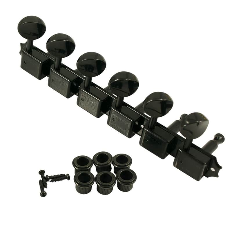 Kluson 6 On A Plate Deluxe Series Tuning Machines - Double Line - Black With Oval Metal Buttons image 1