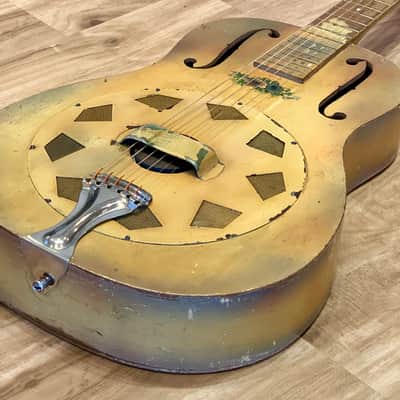 National Triolian "Anemone Bouquet" 1928 Yellow, very early wood body Tricone resonator guitar. image 8